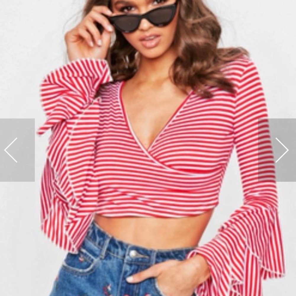 NWT Misguided Red & White Striped Crop Top with a Wrap Front and Tiered Sleeves